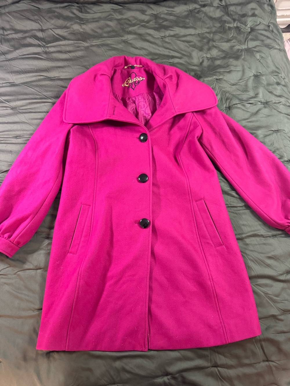 Guess Fuchsia Wool-Blend Pea Coat with Wide Collar